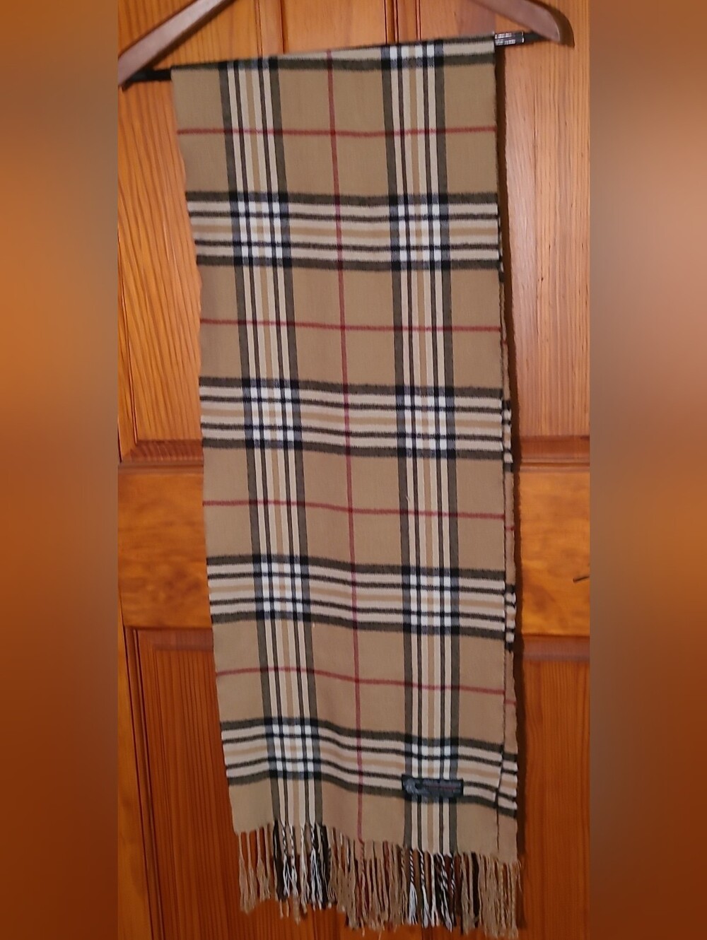 Classic Tan Plaid Scarf with Black, White and Red Stripes Cashmere NWOT Italy
